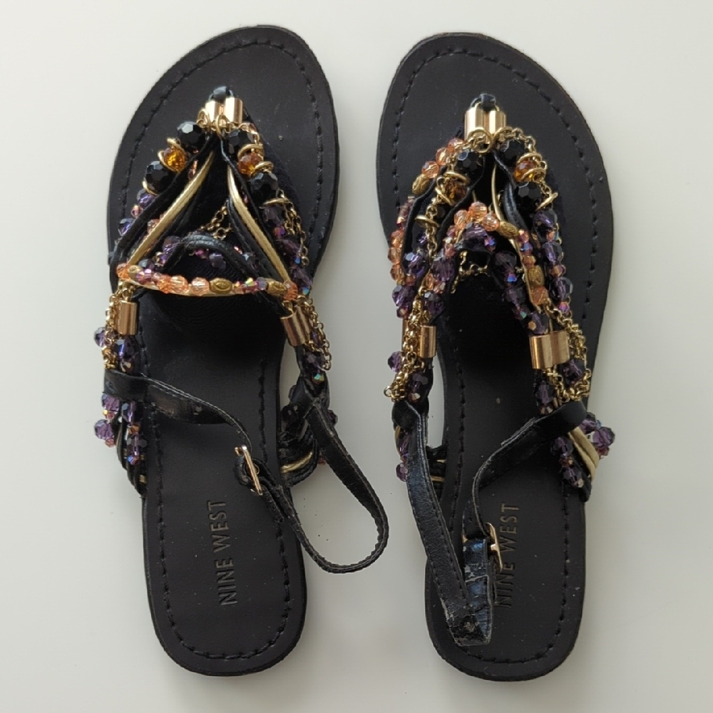 Nine West Black Sandals with Gold and Multicolor Beads